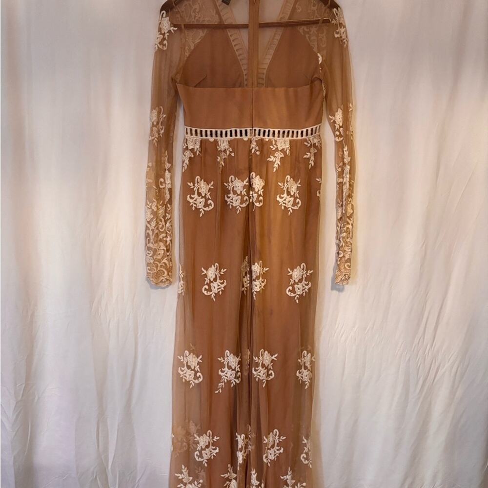 Nude Beige Floral Embroidered Mesh Lace Long Sleeve Maxi Dress | M | - Picture 8 of 10